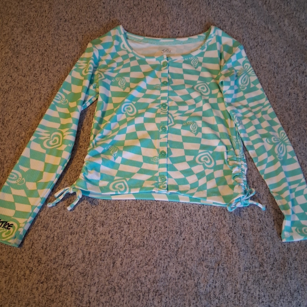 Justice Aqua & White Checkerboard Heart Long-Sleeve Swim Rashguard